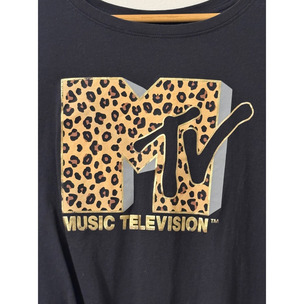 MTV Leopard Logo Tie Front Graphic Tee Black Side Panel Top 2XL Y2K Style - Picture 4 of 7